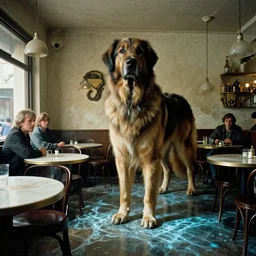 the giant dog in the cafe, water caustics, film still from the movie directed by denis villeneuve and david cronenberg with art direction by h. r. giger and salvador dali, wide lens