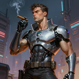 A muscular male android smoking a cigar in a cyberpunk setting, by Frank Frazetta, Trending on Artstation, highly detailed,