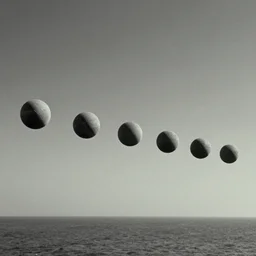 multiple spheres floating above the horizon, spread out horizontally from left to right, zdzislaw beksinski, jim burns, bradley noah