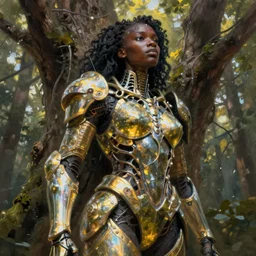 hyperrealistic super expressive! black woman with detailed exoskeleton armor, merging with tree in a forest, digital painting masterpiece brad kunkle hannah yata dramatic pearlescent! yellow light low angle hd 8k sharp focus