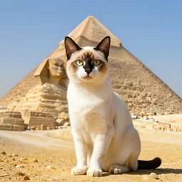 an egyptian cat in front of the great pyramid of giza