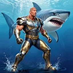 dwayne johnson in armor fighting a shark, painted