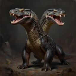 full bodyshot!! symmetry!! a cross between a komodo dragon and a giant ferret, with a vipers head!! six short legs, a jaw featuring multiple rows of teeth, sleek dark fur!! dark fantasy, oil painting, in the style of frank frazetta, in the style of boris vallejo, d & d, top teir artstation, deviantart, pinterest