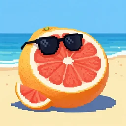 Grapefruit wearing sunglasses and relaxing on the beach, pixel art, by van gogh
