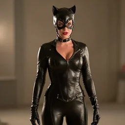 a movie still of Ron Burgundy as cat woman, skin tight outfit