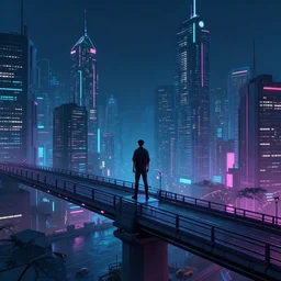 a man standing on top of a bridge over a city, cyberpunk art, behance contest winner, artstation, altermodern, cityscape, synthwave, matte painting, octane render, unreal engine