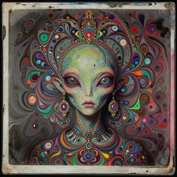a psychedelic portrait of a alien, by agnes lawrence pelton, paper - marbling, 3 5 mm, tintype, in a symbolic and meaningful style, insanely detailed and intricate, hypermaximalist, elegant, ornate, hyper realistic, super detailed