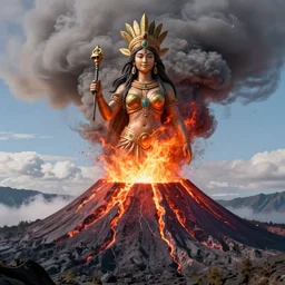 pele the goddess of volcanos and hawaii erupting from a volcano, unreal engine, vintage, volumetric light, epic and fiery and beautiful in a sense of awe