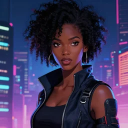 a beautiful young black woman, cyberpunk, blade runner city background, anime, highly detailed, artstation, illustration, art by gustav klimt