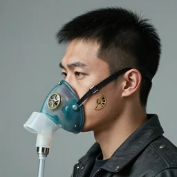 portrait of a chinese man :: side profile :: oxygen mask :: clockwork implant :: intricate details :: 8k :: by vikings and Sandra Chevrier