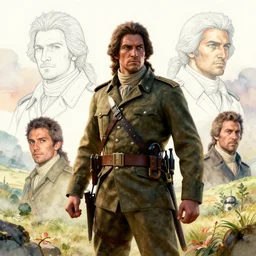 handmade character portrait of us soldier in 1 8 th century in a thematic landscape in the style of artgerm and enki bilal and bastien lecouffe - deharme, wlop, line art, watercolor, dynamic pose anatomically correct, cinematic lighting, hyperdetailed, 8 k realistic, symmetrical, global illumination, frostbite 3 engine, cryengine, dof, trending on artstation, digital art, channel