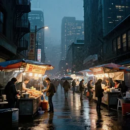 street with food stands in a cyberpunk city on a rainy melancholy seattle night in 1 9 9 6 by de chirico