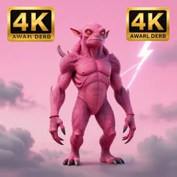 a cyclops like creature, pink summer sky with grey clouds + lighting bolt!!!, transcendent, vibrant color, clean linework, finely detailed, 4 k, award - winning, rule of thirds, trending on artstation, photorealistic, volumetric lighting, octane render