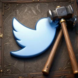 twitter logo and a ban hammer, illustration, epic, intricate, hyper detailed, artstation, concept art, smooth, sharp focus, ray tracing, vibrant, photorealistic, award - winning, 4 k, hdr, simon bisley,