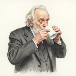 a rough color pencil mixed media drawing of a old and dusty professor in black suit drinking ten cups of coffee to study the melting walls and paint of a kitchen styled by willem de kooning and karel appel
