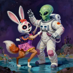 matte sharp painting, an evil alien astronaut, stalker, a cute fluffy dia de los muertos female bunny, her friend the cunning coyote, gleefully dance in a pool of water, juxtapoz artforum storybook gary baseman, preston blair, tex avery, dan mumford, pedro correa