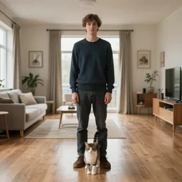 a full body portrait of a man and a cat in a wide room. the cat is below the man