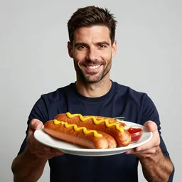 a promo portrait of mikel arteta holding a plate of bratwursts with mustard and ketchup up to the camera, happy,