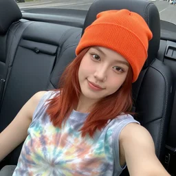 girl with auburn hair lounging in the leather seats of a convertible car wearing an orange beanie and a faded tie-dye sleeveless shirt, selfie, faint smile