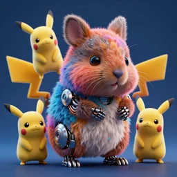 high quality 3 d render hyperrealist very cute multicolor fluffy! cyborg!!! quokka hybrid, highly detailed body tech wires, vray smooth, in the style of detective pikachu, hannah yata charlie immer, dramatic blue light, low angle, uhd 8 k, sharp focus