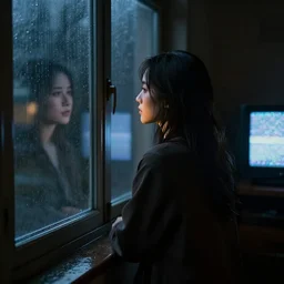 woman looking out of a window into the rainy night, reflection on the window, back - view, dark room with just a tv with static
