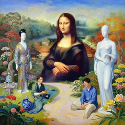 vibrant japanese garden by hieronymus bosch and james jean, ross tran, mona lisa as porcelain japanese mannequin, sky by damien hirst, very cohesive, serenity, hypermaximalist, 8 k, surreal oil painting, highly detailed, dream like, masterpiece