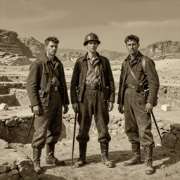 ultra detailed photorealistic sepia - toned painting from 1 9 1 7, three british soldiers standing at an archaeological dig site in wadi rum, ultra realistic, painted, intricate details, epic, lovecraft, atmospheric, dark, horror, brooding, highly detailed, by dave dorman