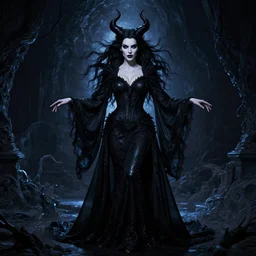 style of mike mignola : : gorgeous willa holland : : evil witch, swirling black magic, black dress : : symmetrical face, symmetrical eyes : : full body pose : : gorgeous black hair : : magic lighting, low spacial lighting : :