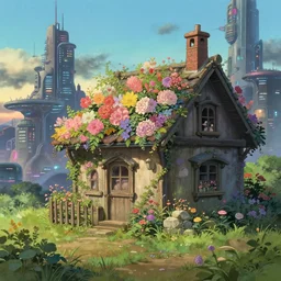 flowery cottage, background futuristic city landscape, evening, highly detailed, studio ghibli, artstation