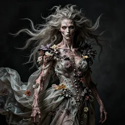 portrait of extremely bizarre disturbing mutated man with intense chiaroscuro lighting in flowing dress, arrogant, mysterious, long fine flowing hair, delicate, looking at camera, realistic face, intricate, stylish, elegant, grim dark, flowers, extremely detailed photograph by Martine Johanna and Ernst Haeckel and Greg Rutkowski