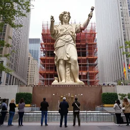 a giant statue being built in new york city, with people admiring around. 1 9 3 2