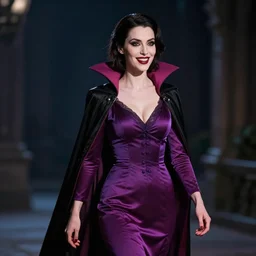 a female vampire walking home at night, trending on artstation, hard lighting, professional studio, head and shoulder shot, smile, vibrant, fashion, inspired by bloodborne