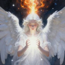 hyperrealistic painting of white angel!!! beautiful face, no gender!!!, giant ball of miracle light from the chest!!!!!, miracle light coming overhead!!, big wings grow out of the body, white sparkles everywhere, lot of fire and stars overhead!!!, by caspar david friedrich, holography space, glow effect, large strokes, high detailed, unfocus, soft and clean