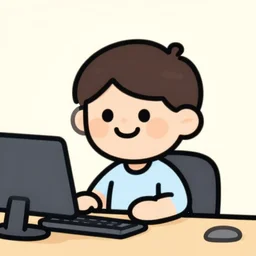 smiling icon of little dude in front of computer