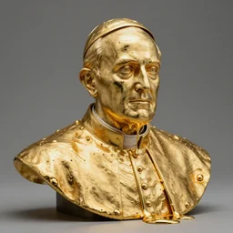 melting gold bust of pope john paul ii by andy wahrol, the face is melting with drips of molten metal falling like lava, ground angle, uhd 8 k, sharp focus