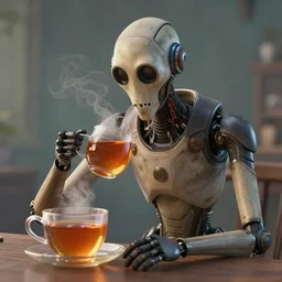 photo of glados drinking tea