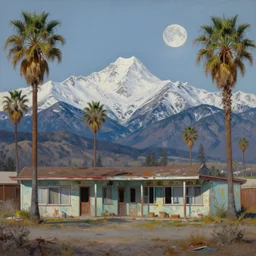 natural american landscape | abandoned motel | palm trees | snowy mountains | moon in sky, painting by syd mead and weta studio and moebius and james jean and frank frazetta, highly detailed, rule of third, soft lighting, 8 k resolution, oil on canvas, architectural magazine, beautiful detailed, insanely intricate details, artstation trending, hypermaximalistic, high details, cinematic