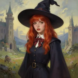 portrait cute adult female witch student, magic university school dress, fantasy landscape, bangs red hair, sharp focus, illustration, highly detailed, digital painting, concept art, matte, art by wlop and artgerm and greg rutkowski and alphonse mucha, masterpiece