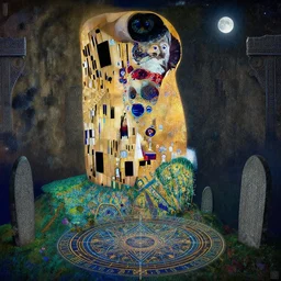 ancient overgrown! ruins, medieval gates, runestones, mysetrious etherial mesmerizing runic!! cat eyes, magical elven geometry, concept art by gustav klimt!, deviantart contest winner, environmental art, fairy circle, grand landscape art by greg rutkowski, lit by moonlight, high detail, intricate masterpiece