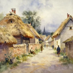 abstract watercolor painting of village street, bailey wall, medieval straw roof, scandinavian viking age, ambient lighting, art by hans dahl, by jesper ejsing, art by anders zorn, wonderful masterpiece by greg rutkowski, cinematic light, american romanticism by greg manchess, creation by tyler edlin