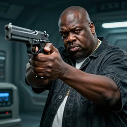 hyper - realistic biggie cheese aiming a gun at your head from the new science fiction movie