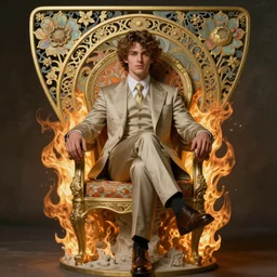 tom ellis ( lucifer ) portrait sitting in a burning chair, art nouveau, fantasy, intricate flower designs, elegant, highly detailed, sharp focus, art by artgerm and greg rutkowski and wlop