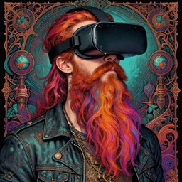 detailed hipster skinny man wearing oculus headset, long vibrant beard, dmt, by james gurney + intricate and vibrant work + portrait + trending on artstation + incredible gothic illustration + exquisite detail
