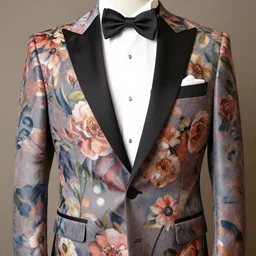 a tuxedo with fabric art style of flowers