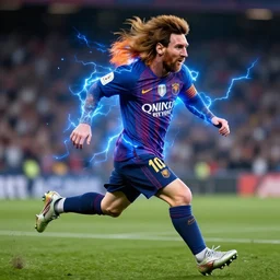 lionel messi running extremely fast while his body emits blue lightning, 8 k
