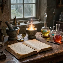 cluttered, wood table, spell book, wizards laboratory, tony sart, window, mortar, pestle, glowing powder, compass, alembic, sparking light, beakers of colored liquid, greg rutkowski