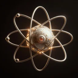 closeup studio photograph of a single atom, dramatic lighting, edited in photoshop
