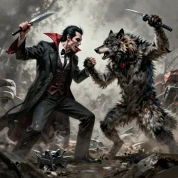 a battle between the vampire and the werewolves, action pose, digital painting, WLOP, trending on artstation, 8k, epic composition, highly detailed, sharp focus