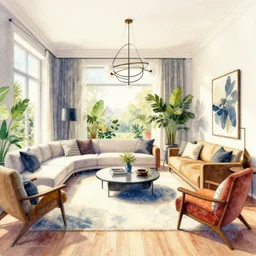 a hiper intricate watercolor of a beatiful modern indoor living room, extremely detailed, sharp focus, wide view, detailed rought paper, digital illustration, colorfull, by greg rutowski, by carl larson, by edmund dulac