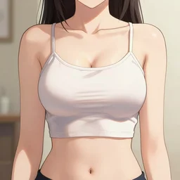 beautiful girl with perfect body, wearing a thin strap tanktop, in the style of greg rutkowski, anime artstyle, intricate, sharp colors